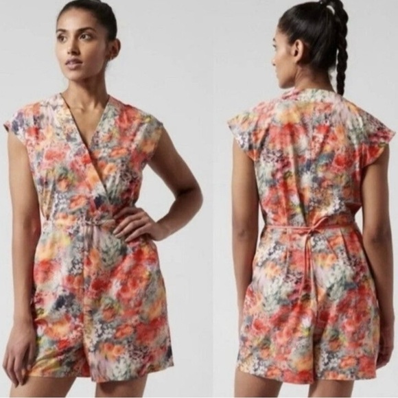 Athleta Pants - Athleta One Piece Renewed Bloom Pink Floral Drawstring Marlow Romper SZ Small